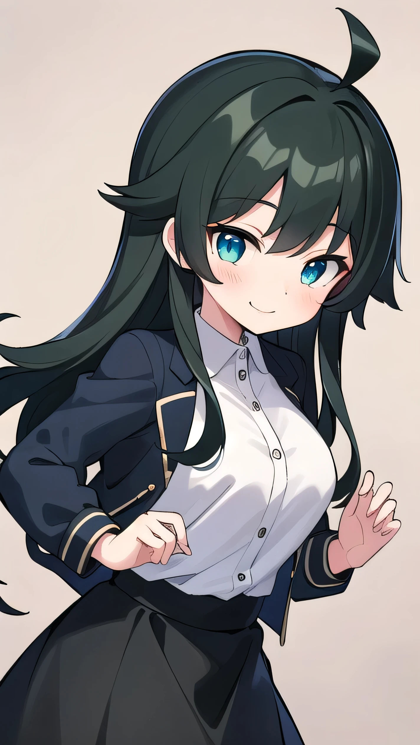 Junior high school student who looks like an elementary school student, 14 years old, very short, 140 cm tall, black hair with a slight green tinge, short ahoge, beautiful long hair but with a little hair sticking out, beautiful round eyes, blue eyes, smile, boyish, long sleeves, Thick clothes, skirt, big breasts, hair longer than waist, long hair, childish face, gentle smile, a little shy, black skirt, black hair with a slight green tinge, boyish, gentle smile, jacket one size larger, ( Deep greenish black hair: 1.3)