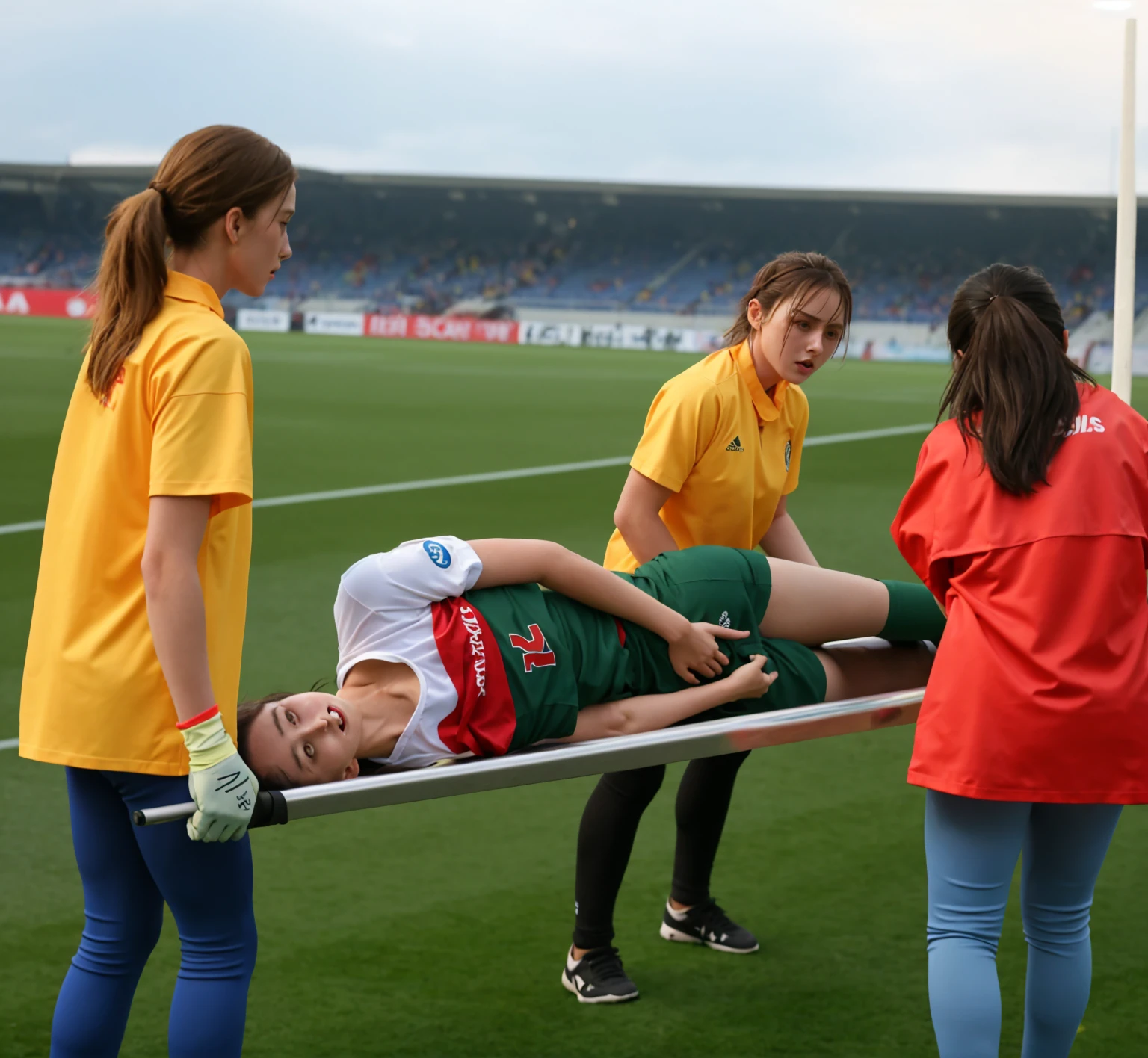 a soccer scene in a german sports stadium, injury scene in a sports stadium, stretcher carry, an injured soccer player is lying head first on his back on a stretcher and is covering his head with the hand, there are four young schoolgirls in shiny leather-trousers carrying a stretcher, there are four longhaired schoolgirls in high-shine latex-leggings who are carrying a stretcher in a german sports stadium, there is a wounded male soccer player in a short sports outfit lying head first on the stretcher, an injured male soccer player is lying head first on his back on a stretcher and is covering his agonised face with a hand, a soccer player is rearing up in intense pain while lying head first on his back on a stretcher and covering his head with a hand, dramatic scene, theatralic posing scene, dramatic pity scene, injury soccer, first aid, help, pity, there are four very angry looking schoolgirls in shiny latex-trousers who are looking very sad and very terrified and very shocked, the injured soccer player is screaming out in pain while he is carried from the pitch on a stretcher