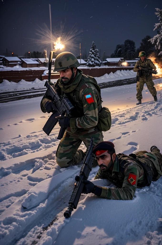 A tense firefight between Indian soldiers and enemy forces, with gunfire lighting up the dark, snowy night."