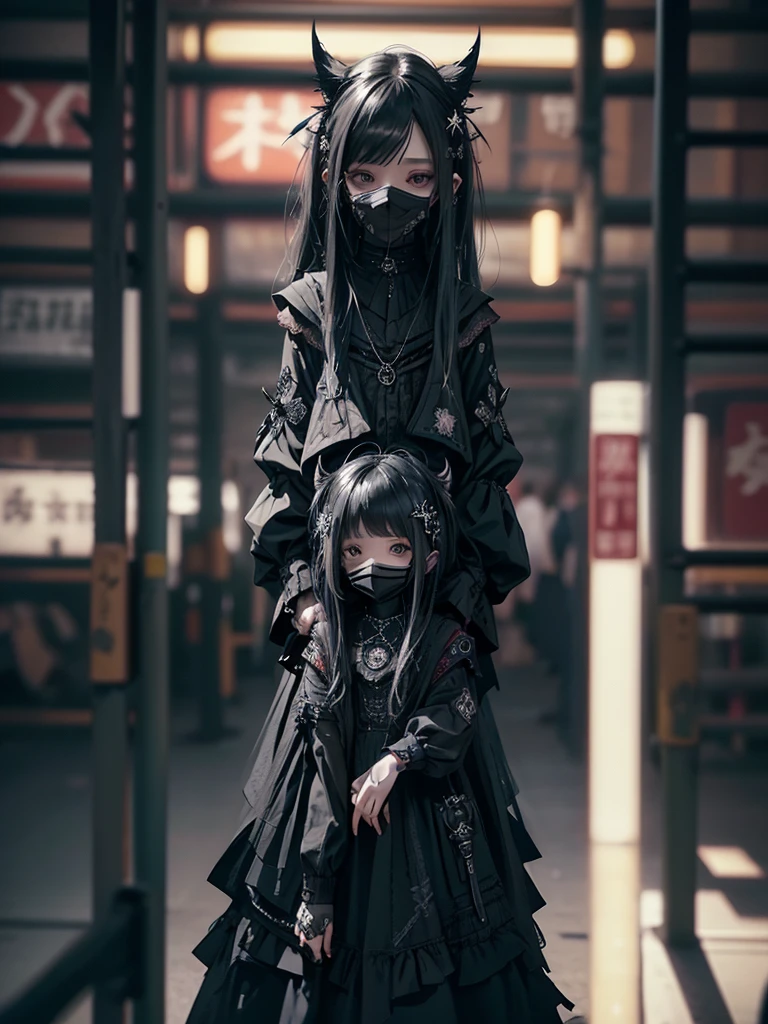 Highest quality、8K、masterpiece：1.3、Gothic Punk、The inside color is red、Black-haired、hair ornaments、Beautiful girl、creative、Dark Fantasy Style、Neogoth、Goth Fashion：1.2、High resolution、masterpiece、Highest quality、頭w:1.3、((Hasselblad Photos))、Fine skin、Sharp focus、(Cinematic lighting)、Realistic textured hair、((Black Mask)),Esbian all over、((View from below))