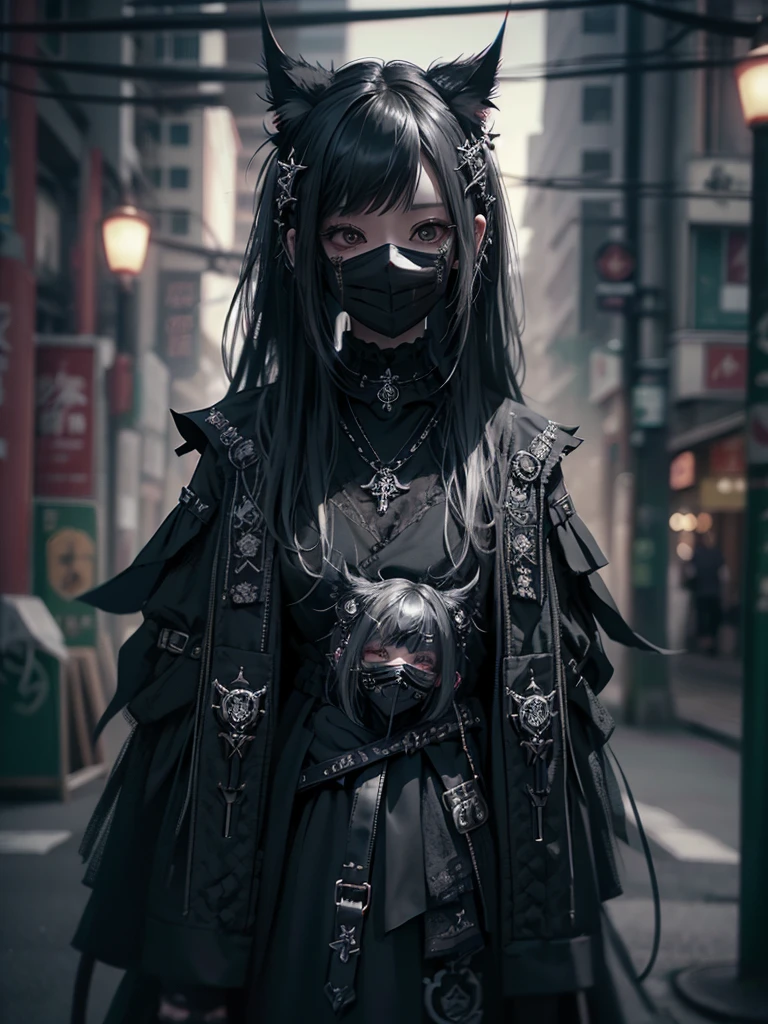 Highest quality、8K、masterpiece:1.3、Gothic Punk、The inside color is red、Black-haired、hair ornaments、Beautiful girl、creative、Dark Fantasy Style、Neogoth、Goth Fashion:1.2、High resolution、masterpiece、Highest quality、頭w:1.3、((Hasselblad Photos))、Fine skin、Sharp focus、(Cinematic lighting)、Realistic textured hair、((Black Mask)),Esbian all over、((View from below))