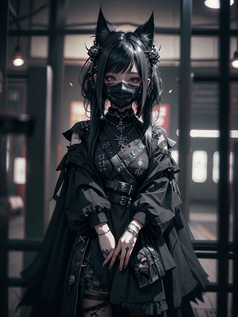 Highest quality、8K、masterpiece:1.3、Gothic Punk、The inside color is red、Black-haired、hair ornaments、Beautiful girl、creative、Dark Fantasy Style、Neogoth、Goth Fashion:1.2、High resolution、masterpiece、Highest quality、頭w:1.3、((Hasselblad Photos))、Fine skin、Sharp focus、(Cinematic lighting)、Realistic textured hair、((Black Mask)),Esbian all over、((View from below))