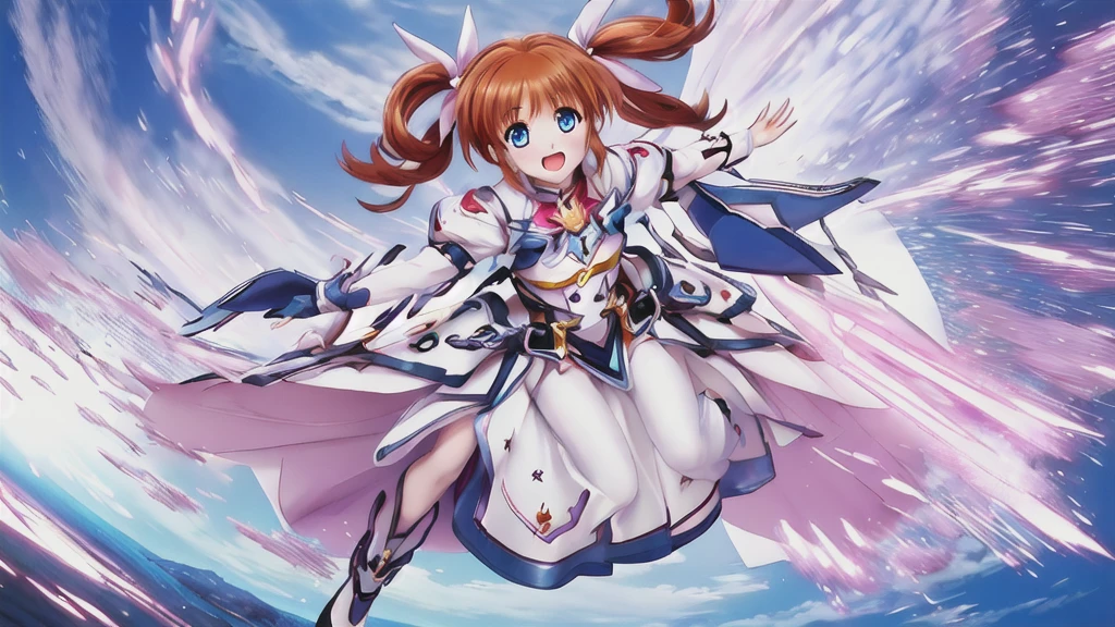 SFW, One girl, (8K, Highest quality, masterpiece:1.2), (Professional Lighting:1.2), (whole body, Dynamic Angle, From below:1.1), A photo of a cute magical girl in white clothes, takamachi nanoha, Cute Justice, Flying in the air, Bright blue sky, Light of the sun, Floating Clouds, White magic beam, (Dynamic pose:1.5), relax, Joyful, [:D], (Satin clothing:1.2), Luxury clothing with attention to detail, Short Twin Tails, short hair, Hair Ribbon, blue eyes, armor, Long skirt, Fluffy long sleeves, Gauntlet, Fingerless gloves, shoes下, shoes, Urzan-6500-v1.1