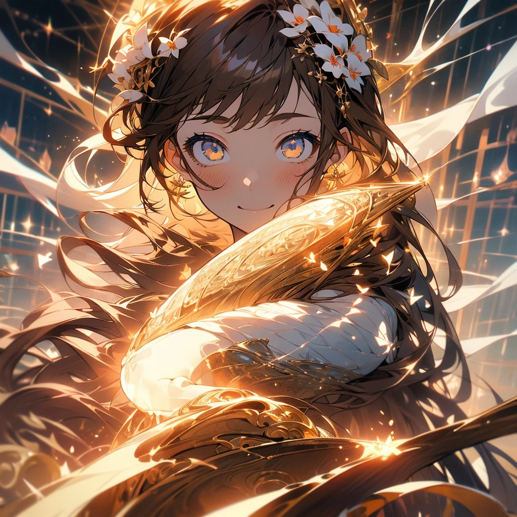 (Beautiful and aesthetic:1.2)、(1 Girl:1.3)、(Brown color hair:1.2)、Wearing a wedding dress、Gypsophila、miracle、happinessそうなsmile、smile、happiness、Gypsophilaが咲き誇る、Fantastic space、(masterpiece, Highest quality, Highly detailed CG, Beautiful fine details, Super detailed, Intricate details:1.2), 8k wallpaper, Elaborate features, (One girl, alone:1.4), Long Hair, Striped Hair, Brown-colored eyes, Earrings, Mysterious,white flame,Landscape painting、wedding、Sacred Space、白いGypsophila