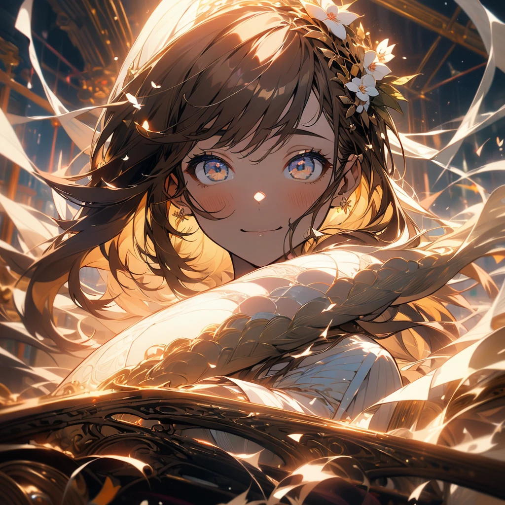 (Beautiful and aesthetic:1.2)、(1 Girl:1.3)、(Brown color hair:1.2)、Wearing a wedding dress、Gypsophila、miracle、happinessそうなsmile、smile、happiness、Gypsophilaが咲き誇る、Fantastic space、(masterpiece, Highest quality, Highly detailed CG, Beautiful fine details, Super detailed, Intricate details:1.2), 8k wallpaper, Elaborate features, (One girl, alone:1.4), Long Hair, Striped Hair, Brown-colored eyes, Earrings, Mysterious,white flame,Landscape painting、wedding、Sacred Space、白いGypsophila