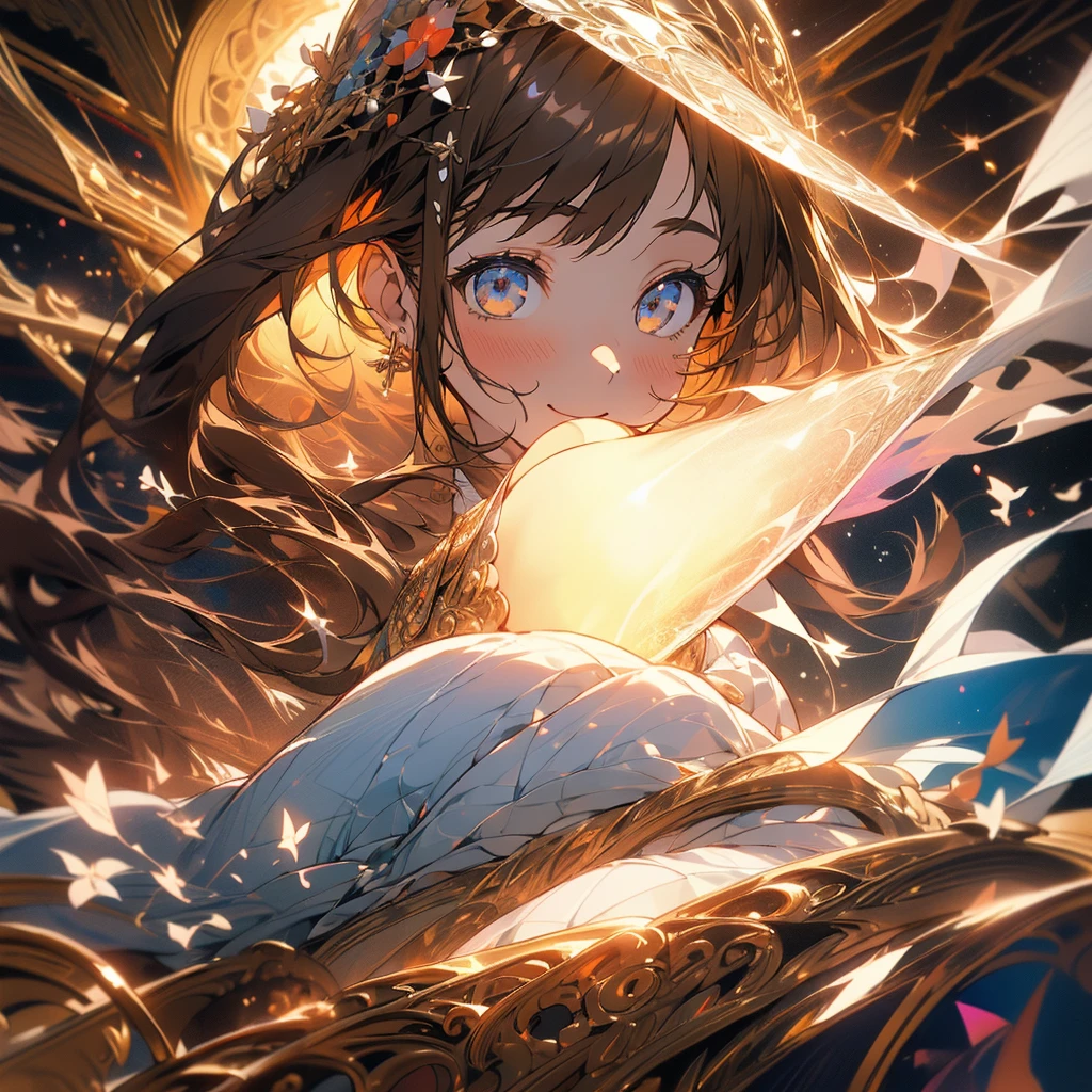(Beautiful and aesthetic:1.2)、(1 Girl:1.3)、(Brown color hair:1.2)、Wearing a wedding dress、Gypsophila、miracle、happinessそうなsmile、smile、happiness、Gypsophilaが咲き誇る、Fantastic space、(masterpiece, Highest quality, Highly detailed CG, Beautiful fine details, Super detailed, Intricate details:1.2), 8k wallpaper, Elaborate features, (One girl, alone:1.4), Long Hair, Striped Hair, Brown-colored eyes, Earrings, Mysterious,white flame,Landscape painting、wedding、Sacred Space、白いGypsophila