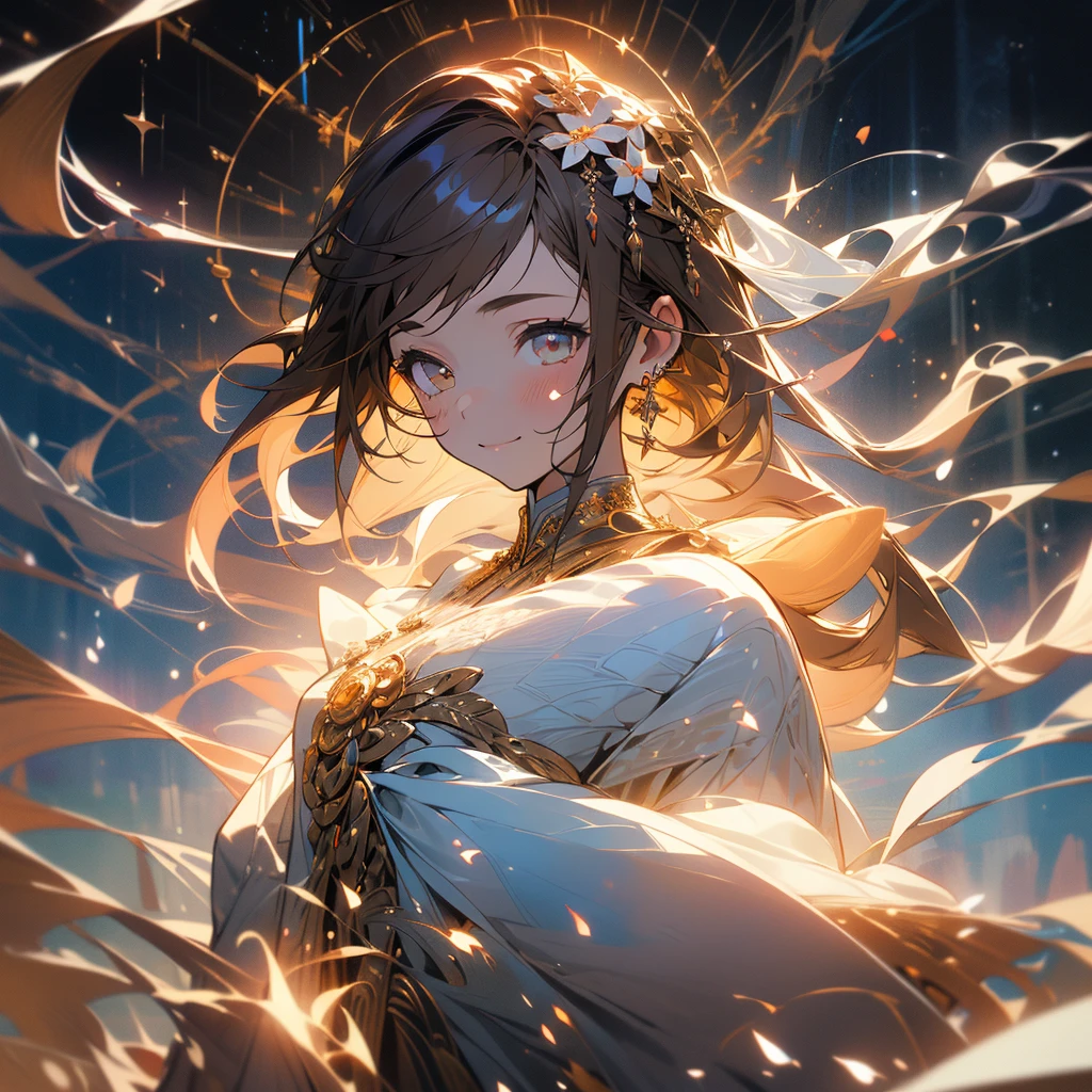 (Beautiful and aesthetic:1.2)、(1 Girl:1.3)、(Brown color hair:1.2)、Wearing a wedding dress、Gypsophila、miracle、happinessそうなsmile、smile、happiness、Gypsophilaが咲き誇る、Fantastic space、(masterpiece, Highest quality, Highly detailed CG, Beautiful fine details, Super detailed, Intricate details:1.2), 8k wallpaper, Elaborate features, (One girl, alone:1.4), Long Hair, Striped Hair, Brown-colored eyes, Earrings, Mysterious,white flame,Landscape painting、wedding、Sacred Space、白いGypsophila