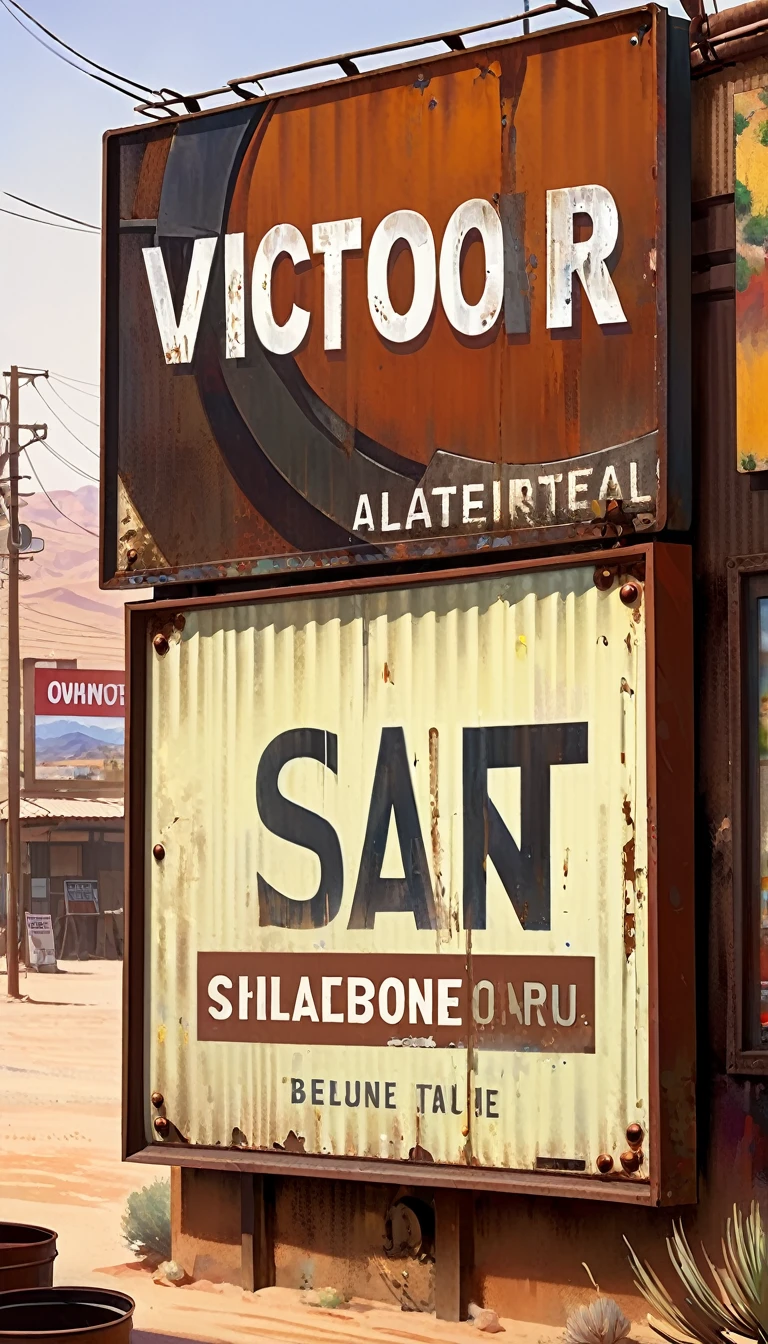 advertising billboard in a desert of rusty metal, some metal letters cover it, ((the text is:"VICTOR OLANO")) (art inspired by Dave Mckean, details intricate, oil painting)