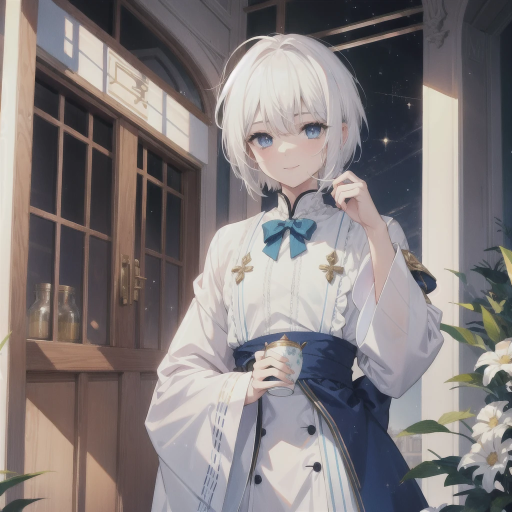 (((White Hair Short Hair blue eyes noble))) ((Noble clothes Drinking tea)) (smile) Shining Edge