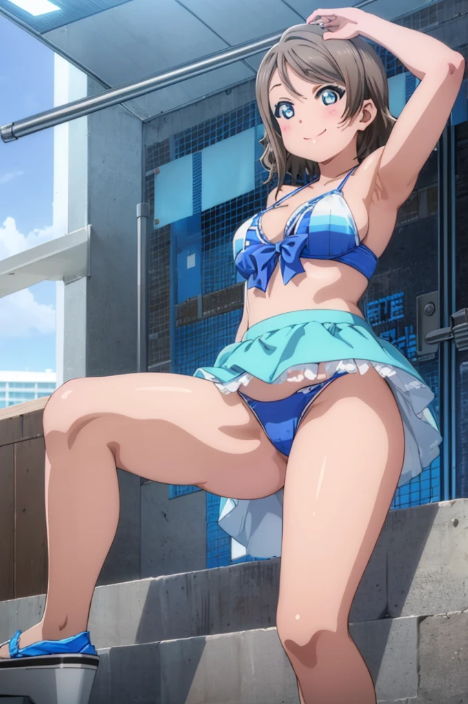 (((pixel-perfect, detail-perfect))), solo, 1girl, you watanabe, eyes azzur, smile, bikini, pool, armpit, big filesize, ultra High Qality