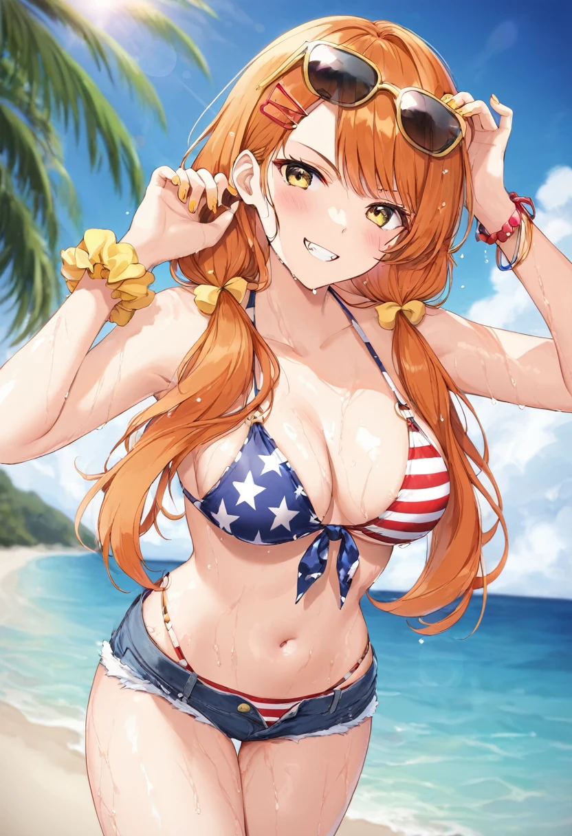 (8k, masterpiece, best quality, ultra-detailed, an extremely delicate and beautiful, official style, depth of field, highly detailed, very aesthetic, intricate, overall detail, perfect anatomy), looking at viewer, beach, ocean, 1girl, solo, orange hair, (medium long hair, low twintails), yellow eyes, yellow scrunchie, wrist scrunchie, (left hair on hairclip, red hairclip:1.1), (nail polish, yellow nails:1.1), pink cheek, medium breasts, american flag bikini, front tie-top, bikini under clothes, denim shorts, (red-rim glasses, sunglasses, eyewear on head), smirk, teeth, fang, curvy, sweat, wet body, oil, gleaming skin