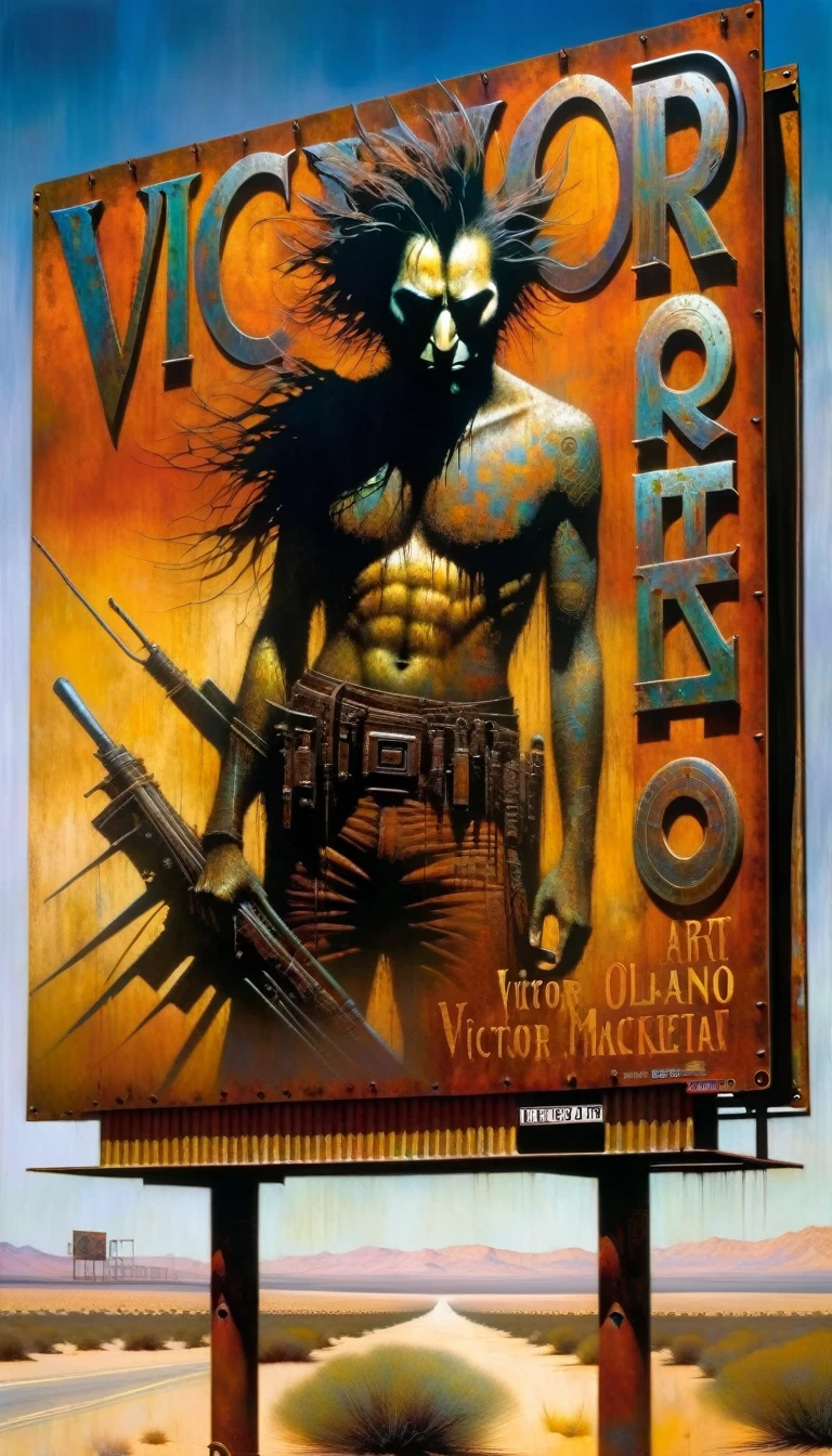 advertising billboard in a desert of rusty metal, some metal letters cover it, ((the text is:"VICTOR OLANO")) (art inspired by Dave Mckean, details intricate, oil painting)