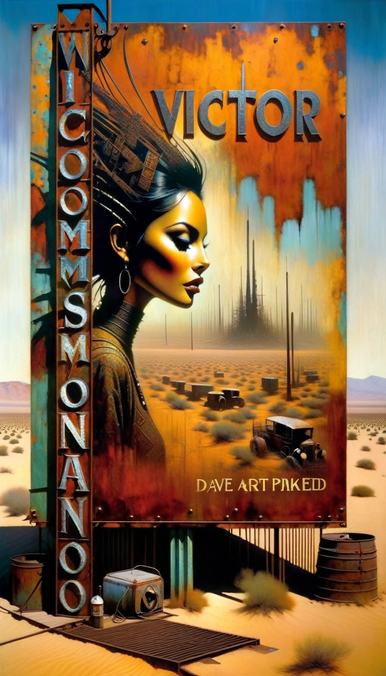 advertising billboard in a desert of rusty metal, some metal letters cover it, ((the text is:"VICTOR OLANO")) (art inspired by Dave Mckean, details intricate, oil painting)
