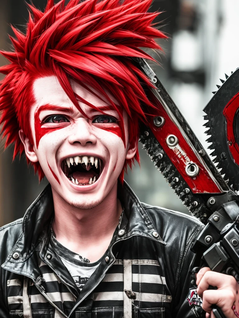 cyber punk、One boy、Red Hair、Chainsaw、Big Eyes、Laughing with mouth open、Highest品質, High definition, Ultra-fine, Highest_detailed