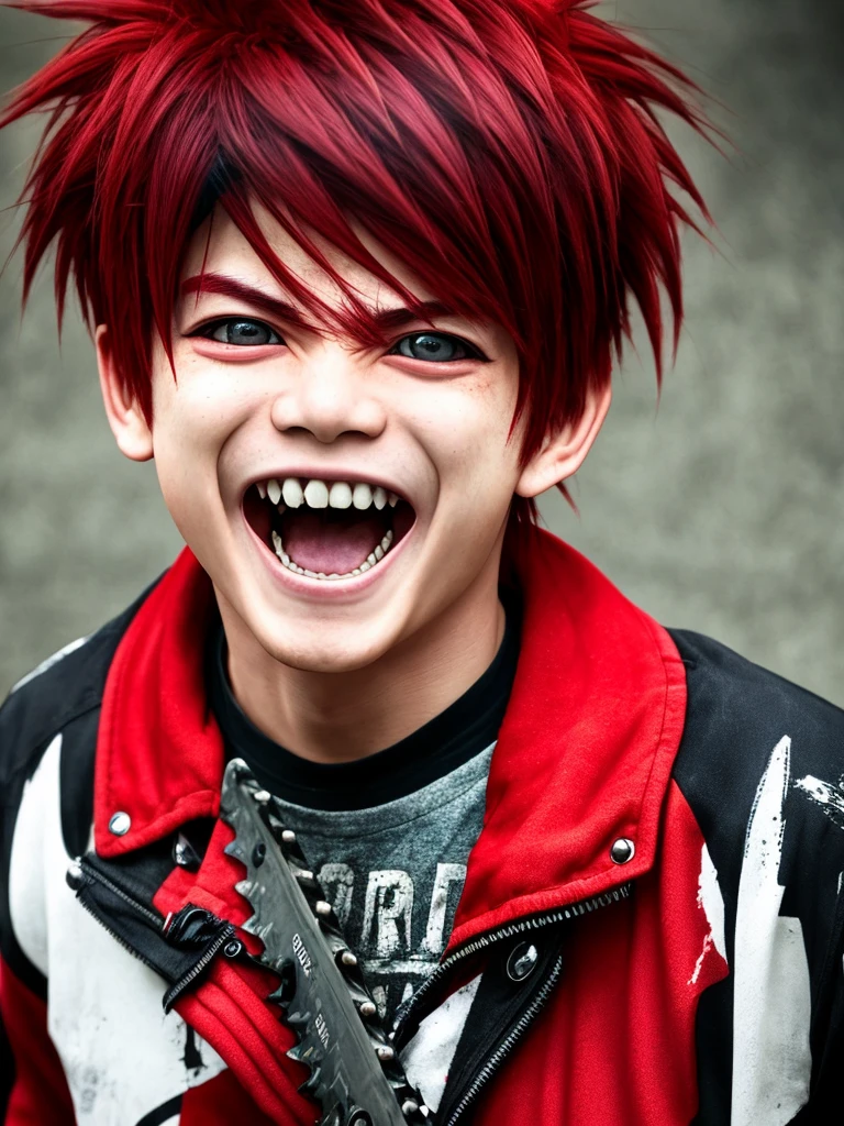 cyber punk、One boy、Red Hair、Chainsaw、Big Eyes、Laughing with mouth open、Highest品質, High definition, Ultra-fine, Highest_detailed