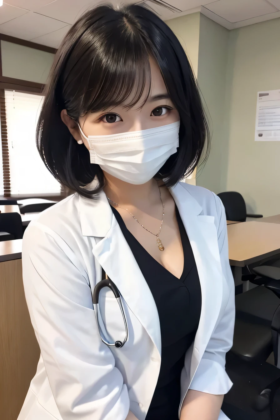 Beautiful young woman、 Japanese women、(sitting in a chair in the examination room)、Black Hair、Necklace around the neck、White、shirt、Cleavage、Stethoscope、Mask on mouth、short hair、Wavy Hair、Intricate details, Very detailed:1.2), 、 Looking into the camera,The background is the examination room...、ear piercing