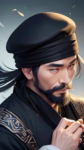 alone、Oriental、Ancient Chinese man in black costume、Feather fan（Handle Feather Fan)、（Wooden handle）、（It is made of many black feathers）have、Highest quality、masterpiece、Ultra-high resolution、(Realistic:1.4)、Game Poster、Crisp and beautiful image quality、（Bearded Man）,Ancient Chinese hairstyle with a large plain white beret loosely covering the head like a turban、