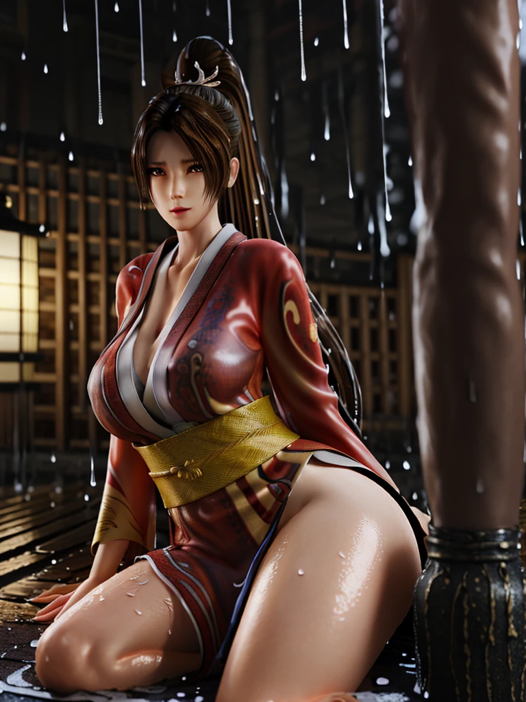 (exquisitely detailed CG unity 8k wallpaper, masterpiece-quality with stunning realism), (best illumination, best shadow), (best quality), (elegant style:1.2), Arti modern anime. angled view, heroic pose, midshot, (cel-shading style:1.3), centered image, ultra detailed closeup portrait of (Mai Shiranui:1) from (King of Fighters), best quality, expressive eyes, perfect face, highres, (ultra details), 1 girl, solo, brown hair, hair ornament, eyeshadow, gold, white and red qipao, highly ornamented, in the city of Japan, portrait, looking at the viewer, piercing eyes, full body, (light from the angle:1) (wind blowing:1.2).(depth of field effects:1.3) (motion action:1.2) (closeup:1.2) (angled closeup photography:1), (motion blur effects:1), wide angles, spreading feet, Thin to transparent,see-through,(((Soggy-kimono:1.2))),Lace fabric, (((water-immersed body: 0.9))),jewelry, relaxing pose, (dress on fire:.7), ((Leaning forward:1))