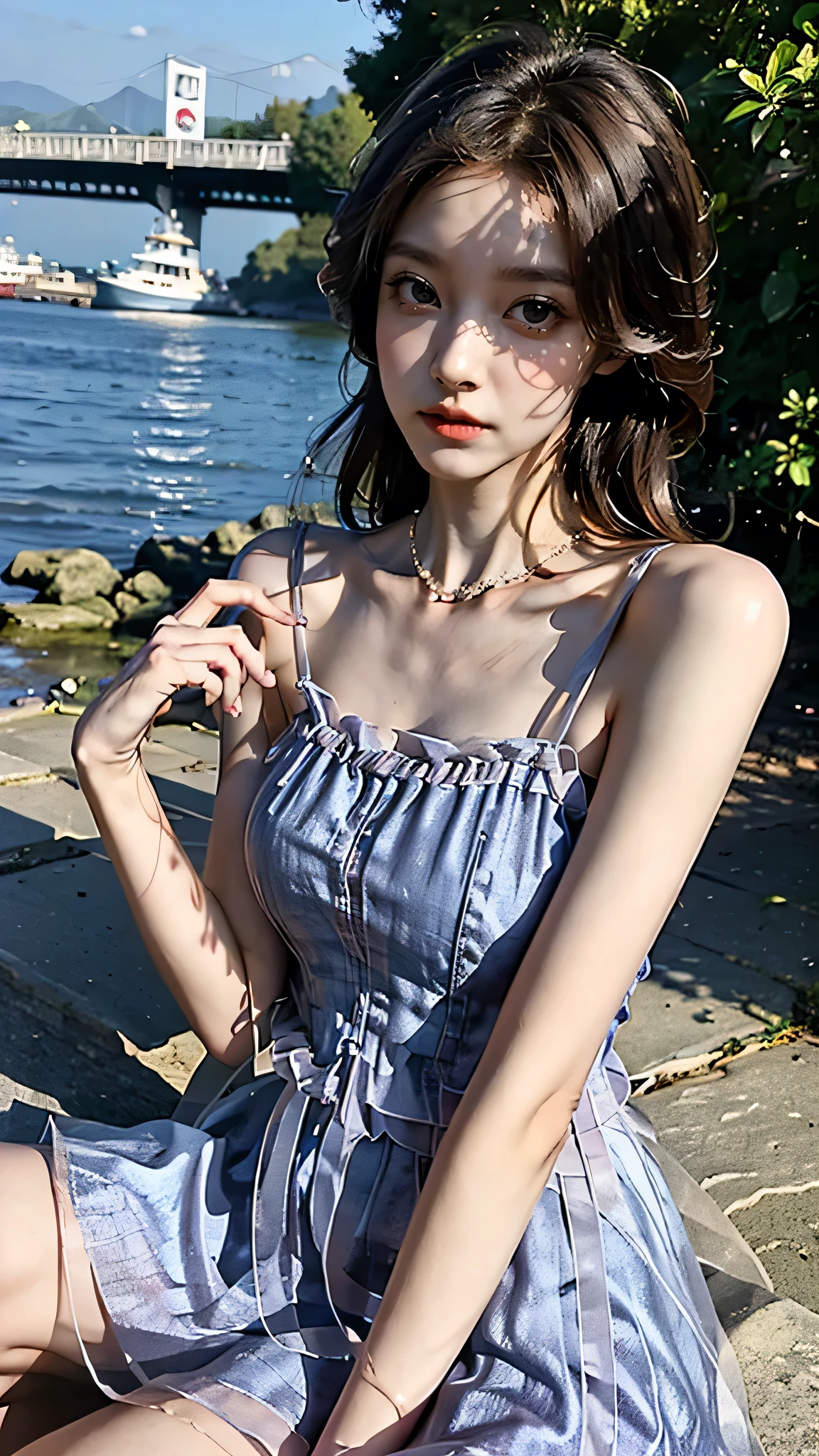 Sweet girl clothes7,skirt, fashi-girl. red lips, mature female, makeup, ((Random shooting angles)), (best quality, masterpiece:1.2), ultra-detailed, (realistic:1.37), beautiful, youthful, glamorous model with (detailed eyes, detailed lips, extremely detailed eyes), with white and floral colors, showcasing a radiant smile, slender figure, long legs, creating a breathtaking depiction of a girl enjoying the sunshine, Outdoor sports, the beach, on the pier, Warm tones, extremely high color saturation, official art, extremely detailed CG unified 8k wallpaper,(High dynamic range :1.4), (cinematic),(soft colors, dull colors, soothing tones :1.3), (natural skin texture, ultra-realistic, soft light, sharp),(very detailed), Evening, autumn, autumn maple leaves, professional lighting, leaning against the guardrail, looking into the distance