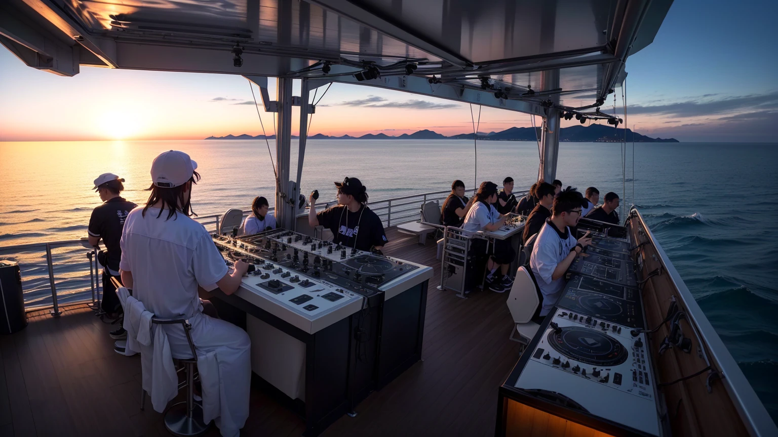 Aerial view，一名 DJ船上表演，The crowd is watching, Bored Ape Yacht Club, DJ set, On the ocean, beautiful scenerys, on the sea, Looking to the horizon, Wonderful technology , Epic and stunning atmosphere, DJ , beautiful scenery, On the deck of the ship, Photo taken in 2 0 2 0, Outdoor revelry