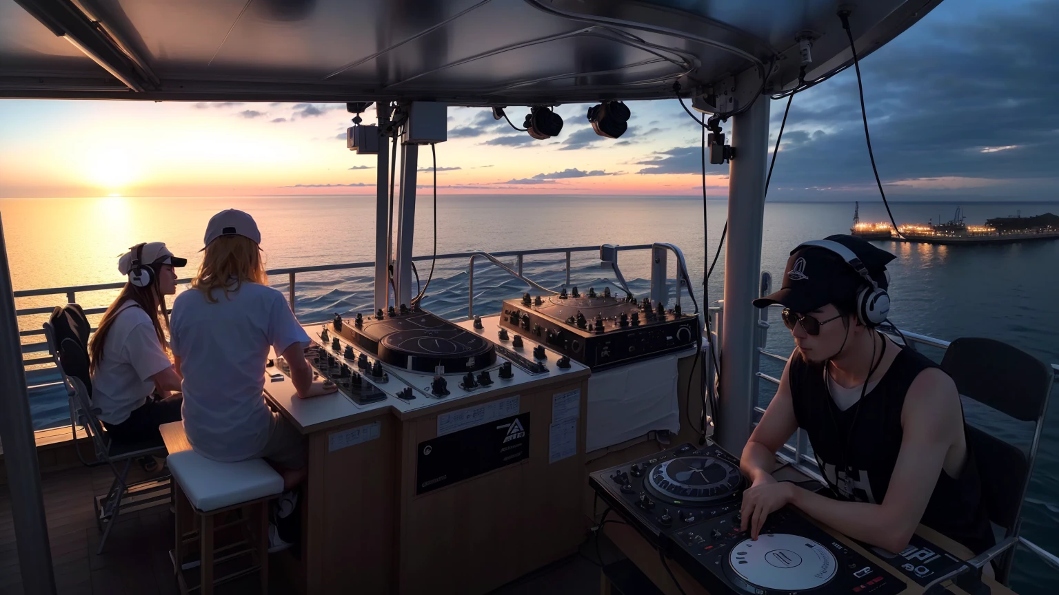 Aerial view，一名 DJ船上表演，The crowd is watching, Bored Ape Yacht Club, DJ set, On the ocean, beautiful scenerys, on the sea, Looking to the horizon, Wonderful technology , Epic and stunning atmosphere, DJ , beautiful scenery, On the deck of the ship, Photo taken in 2 0 2 0, Outdoor revelry