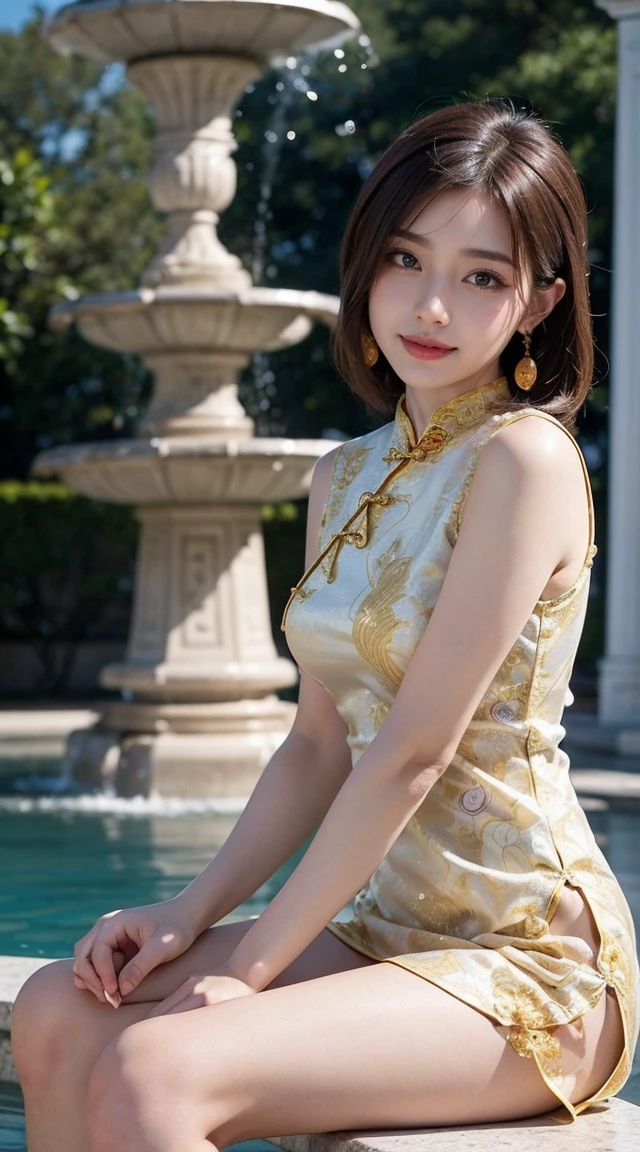 Top-quality Realistic,Official art,Highly detailed CG Unity 8k wallpaper,ultra-detailliert,hight resolution,Physically-based rendering,Magnificat,finely detail,masterpiece,Best Quality,ultra detailed, Face Light,Mature beauty,Beautiful girl,1girl,moist lips,sexy lips,Sexy smile,Gentle smile, 20 years old, Beautiful bare skin,Smooth bare skin,(Beautiful and radiant skin), big well-shaped breasts, beautiful cleavage,beautiful Mature body,swept bangs,(Medium hair:1.3), beautiful detailed eyes,model shoot style,Japanese Idol, Full-body,((Sitting beside a large white marble fountain)),BREAK,(Sit on the edge of the fountain and dip your feet in the water:1.2),((Red and gold-embellished Cheongsam from the Ming Dynasty:1.5)),BREAK,(Heart shaped necklace),(Triangle ornament earrings),BREAK,(upper body:1.3),(spread legs widly),looking down,shoot from below,gentle smile like a goddess, ((Extreme close-up)),