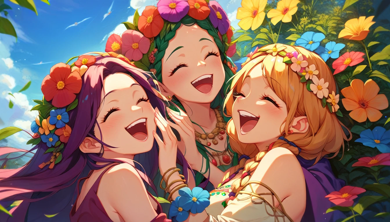 ((multiple girls:1.3)), ((moe style:1.3)), ((hippie:1.3)), ((surreal:1.3)), ((laughing:1.3)), ((centerfold:1.3)), ((extremely feminine:1.3)), perfect hands, ((perfect face)), ((extremely cute:1.3)), ((masterpiece)), ((8k)), ((best quality)), ((beautiful)), ((extremely detailed:1.3)) , ((absurdres)), AddXL, ((score_9:1.3)), ((score_8_up:1.3)), ((score_7_up:1.3)),