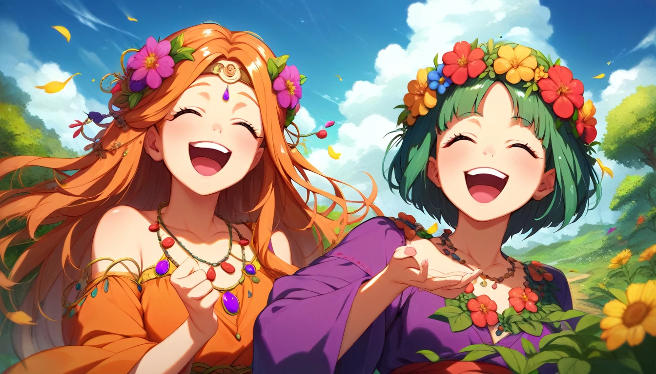 ((multiple girls:1.3)), ((moe style:1.3)), ((hippie:1.3)), ((surreal:1.3)), ((laughing:1.3)),  ((centerfold:1.3)), ((extremely feminine:1.3)), perfect hands, ((perfect face)), ((extremely cute:1.3)), ((masterpiece)), ((8k)), ((best quality)), ((beautiful)), ((extremely detailed:1.3)) , ((absurdres)), AddXL, ((score_9:1.3)), ((score_8_up:1.3)), ((score_7_up:1.3)),