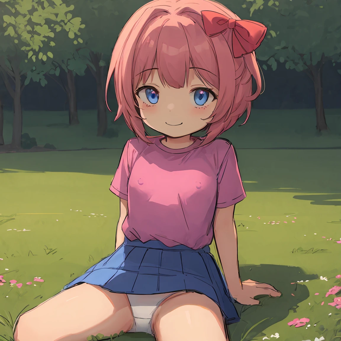 best quality, 1girl, sayori, portrait, solo, (light blush:0.5), (blush:0.2), short hair, pink hair, blue eyes, (small breasts:1.3), smile, (petite:0.5), , (loli:1.6), sh, (pink t-shirt:1.5), no bra, hair bow, red bow, (blue skirt:1.3), (nipple outline:0.9), (covered nipples:1.6), sunlight, sun beams, sitting on grass, sitting down, park, surrounded by flowers, (evening setting), sweet expression, (sfw:0.7), (ecchi:1.2), happy, (white panties:1.4)