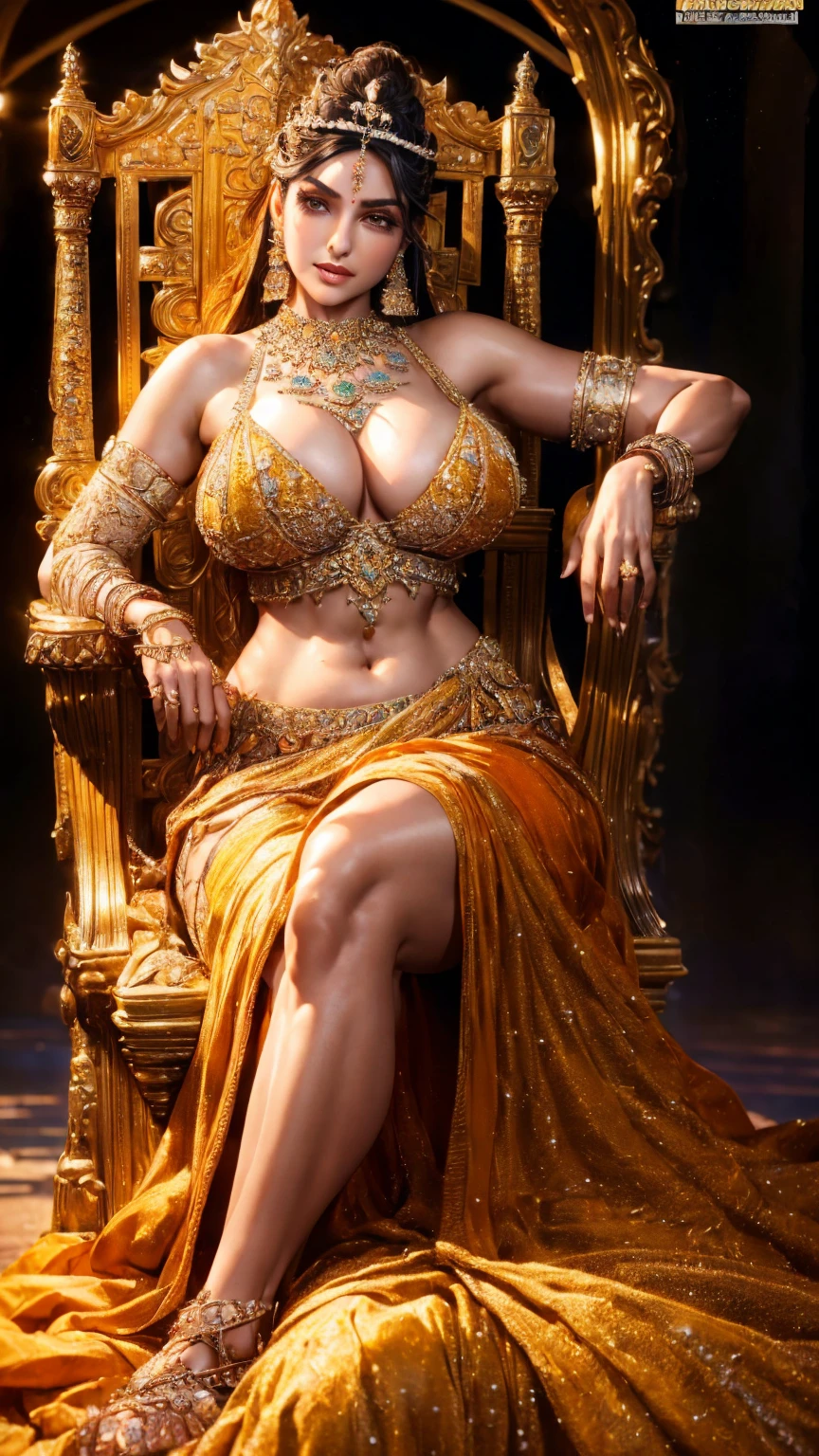 (A beautiful queen Goddesses, plain background, photoshoot, detailed face, athletic , navel,cute dress), (Photorealsitic:1.4), Raw , Sharp Re, Nikon D850 Film, Stock Photo , F1.6 Lenses Rich Colors ,Hyper Realistic, Life Like Textures, Dramatic Lighting ,Unreal Engine , ((Super Realistic Details))、Global Illumination, Shadows, Octane Rendering, 8K, Ultrasharp, Highly Detailed, Realistic Light, Ink Color Art, Ink Sketch Art, thong strings ((huge perky breasts, deep cleavage 1.8, thick thighs)) smiling , ((orange , diamond studded, magnificent embroidered dress, armored plates, ))((lots of jewelleries, 3 long necklace, earrings, waist chain, pearl chains)) ((oily skin, oily body, shiny skin))woman, sitting, legs crossed, ((hands on waist)) ((sitting on throne , huge magnificent throne, palace background))((netted queen deess)