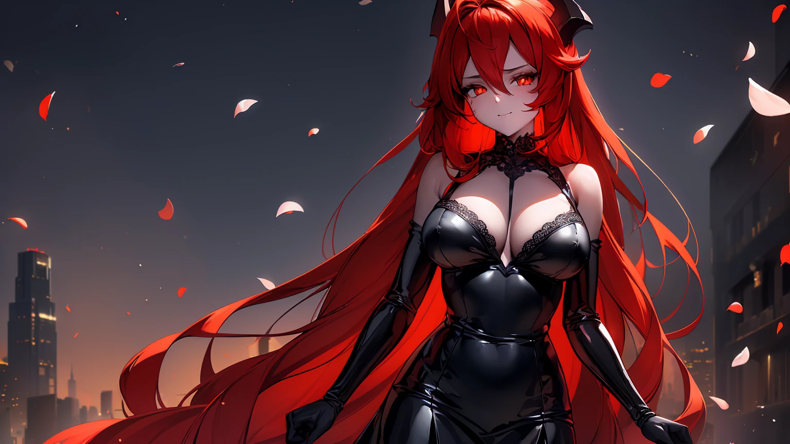 ((((Obra maestra, La mejor calidad, ultrahigh resolution)))), 1girl, standing,), ((long pure red hair, hair over eye)), long hair cut, shiny skin, ((golden eyes)), glowing_eyes, neon eyes, (ultra detailed eyes:0.7, beautiful and detailed face, detailed eyes:0.9), ((centered)), smirk, facing viewer, ((vibrant background, dark lighting, summer, sunlight)), large chested, looking at viewer, ((half closed eyes)), ((perfect hands)), (((head:1, arms, hips in view, elbows, in view))), ((hands behind back)), empty eyes, beautiful lighting, ((outside, outdoors)), defined subject, head tilt, (((gritty)), ((creepy)), ((cool)), ((beautiful)), (((SFW))), horns, hair ornament, petals in the air, moon in the sky, city, mature woman, adult woman, sfw, black dress, latex dress