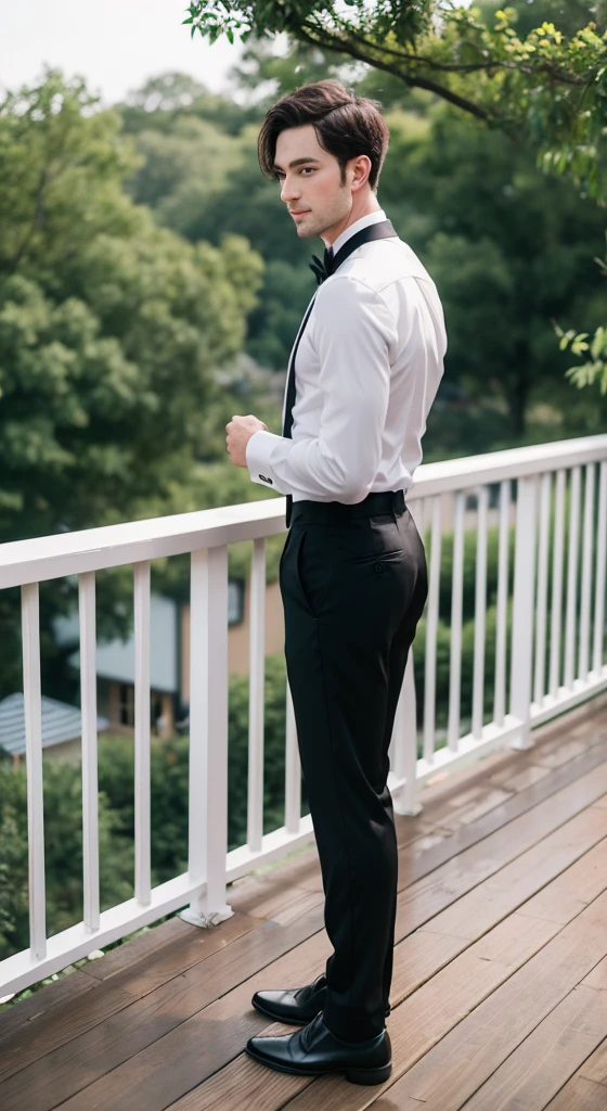 The groom stands on the deck and turns his head back,Wearing a black groom's suit overlooking the sea and sunshine, with sunset, sunset, With the sunset, gorgeous romantic sunset, Cinematic full shots, photo shoot, sunset, Stills, asian man, Chic movie pose