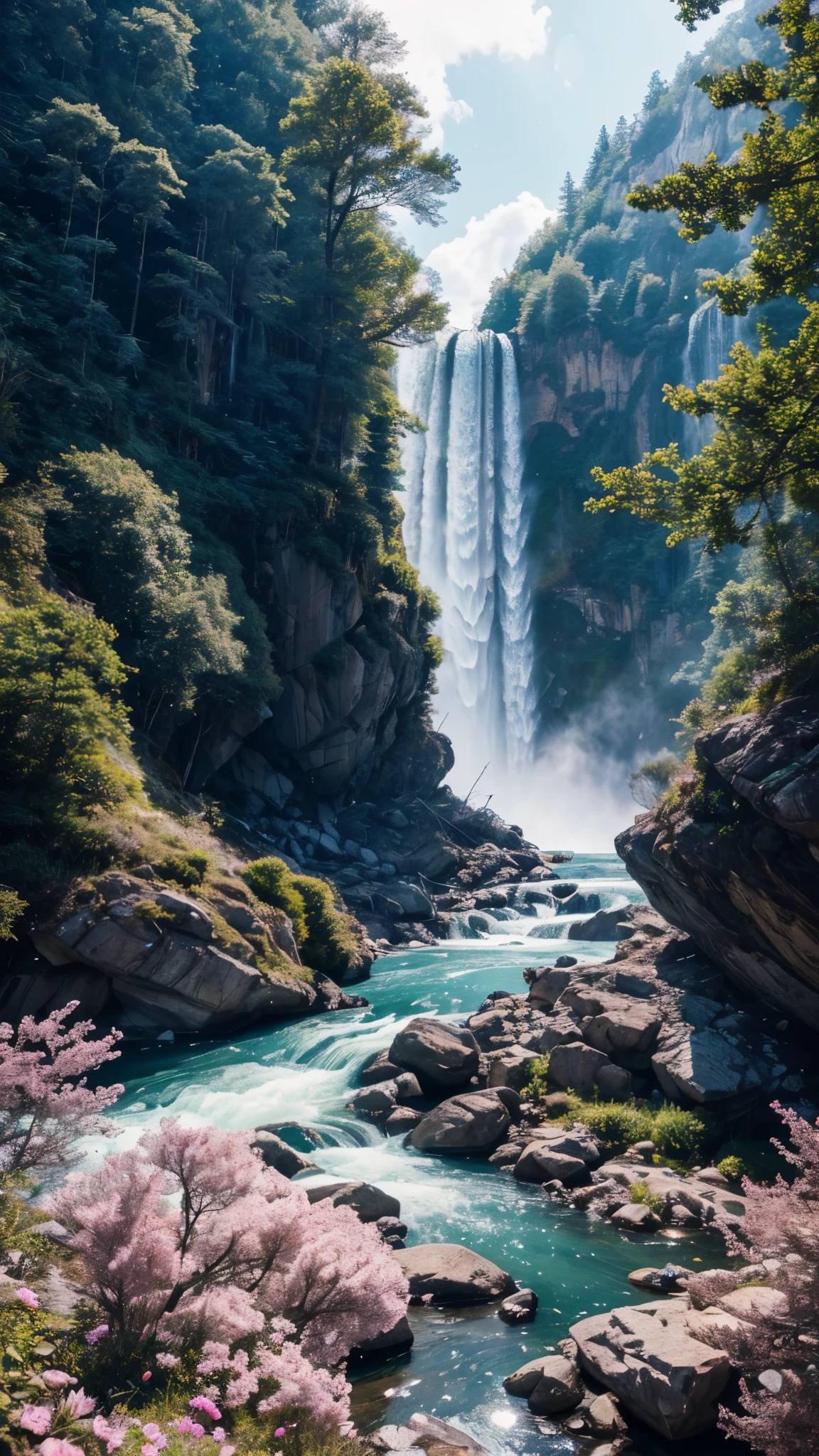 Majestic Mountain々The scene of water flowing into the water is exquisitely rendered.、A breathtaking 8K CG Unity masterpiece featuring a waterfall-like waterfall。This award-winning photo is trending on both ArtStation and CG Society、Sparkle、With intricate droplets and drops that appear to sparkle、Showcasing dramatic and highly detailed landscapes。The dynamic angles of the water and the sparkle of beautiful detail create immersive and captivating scenes.、HDR、Bloom、chromatic aberration、Enhanced by the bokeh effect、Highlights high contrast and excellent lighting。This exquisite work of art
