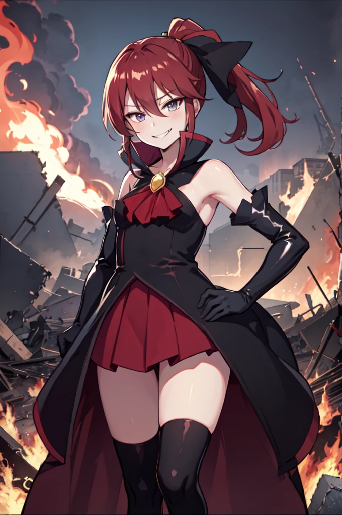 Highest quality, masterpiece, One Girl,Not beautiful, Red Ponytail, Long dress, brooch, Hair Ribbon, - Elbow hand pockets, Black knee socks, Standing on the rubble, Burning cityscape, (Wicked Smile:1.1), Hands on hips,,Dark shadowed face,Sadistic smile,Malice,Contempt,smile,,Bad face,,Red Skirt,



