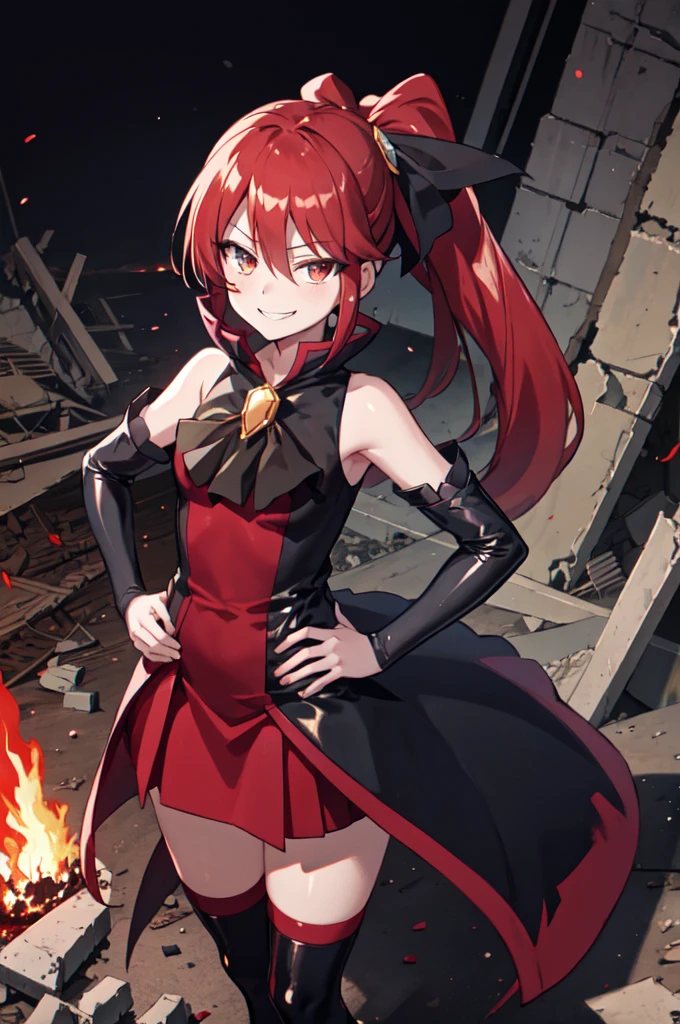 Highest quality, masterpiece, One Girl,Not beautiful, Red Ponytail, Long dress, brooch, Hair Ribbon, - Elbow hand pockets, Black knee socks, Standing on the rubble, Burning cityscape, (Wicked Smile:1.1), Hands on hips,,Dark shadowed face,Sadistic smile,Malice,Contempt,smile,latex,Bad face,,Red Skirt,



