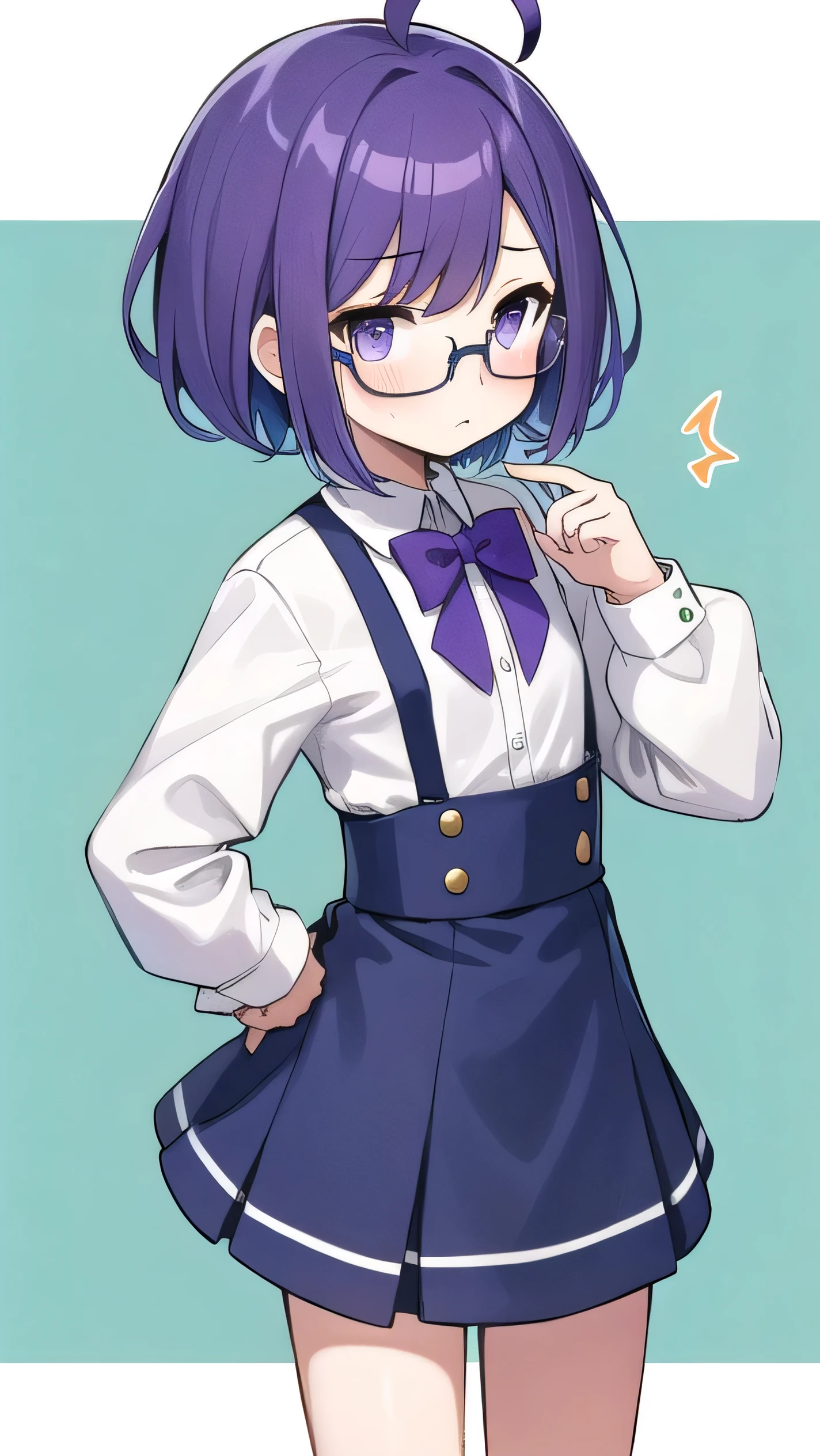 (Purple hair:1.4), gray eyes, white , navy blue miniskirt, , short, short long hair, kind expression, shy, , almost no breasts, slightly exposed. hair,(flipped hair ), flipped hair, long sleeves, ahoge, girl alone, flipped hair, flipped hair, flipped hair, flipped hair, glasses with no edges, embarrassed, flat chest,striped shirt