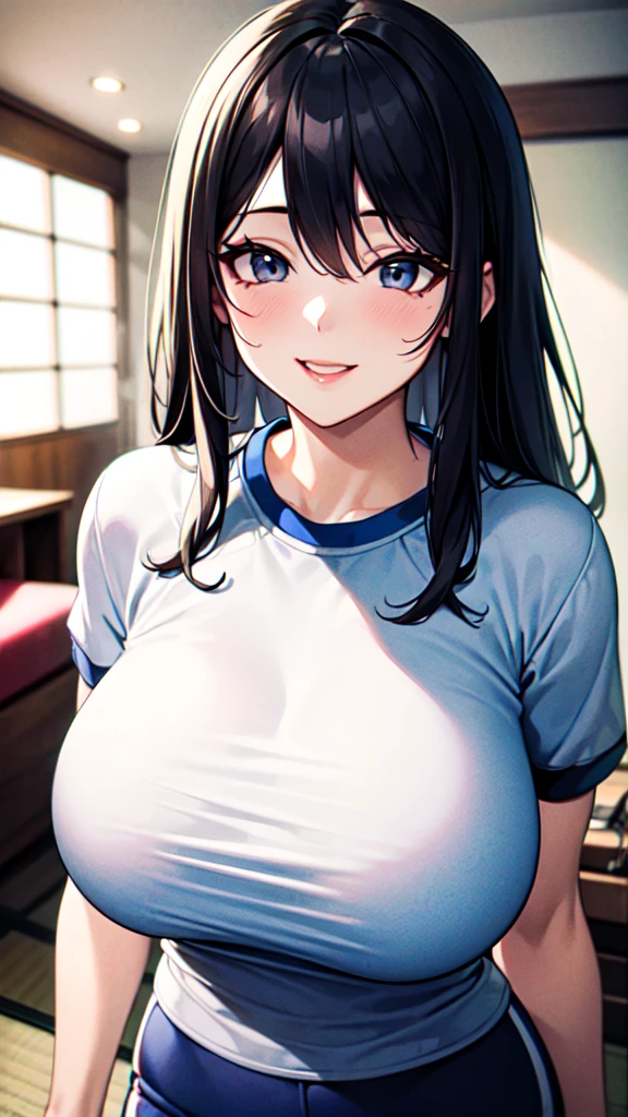 Japanese, 60-year-old mature woman, mature woman, dark blue bloomers, gym clothes, white T-shirt, wrinkles around the eyes, smile, long black hair, detailed face, big breasts, big breasts, 4K, high resolution