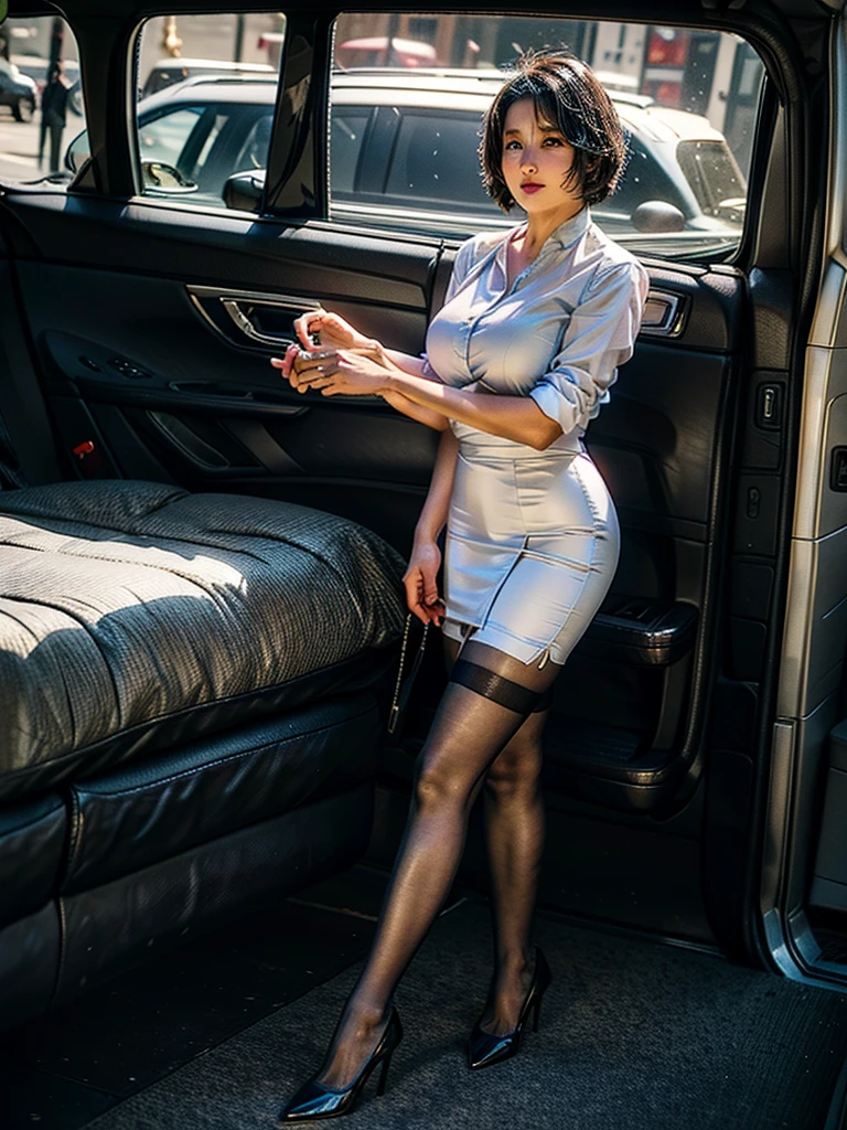 OL、Beautiful girl、Outstanding style、nice buddy、glamorous、Big Breasts、navy blue business suit、white shirt, Skirt、Garter belt and black 30 denier stockings、High heels、office、standing、The whole body is visible, (mature woman), 45 years old, (black short hair)