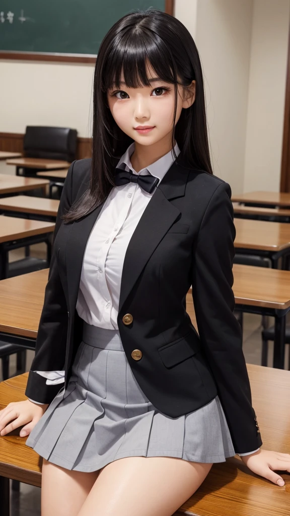 ((high quality)), ((Tabletop)), (Detailed face), (highlight), Asian Girl、Big breasts、thigh、Black Hair、Heavy bangs、high school girl、skirt、blazer、