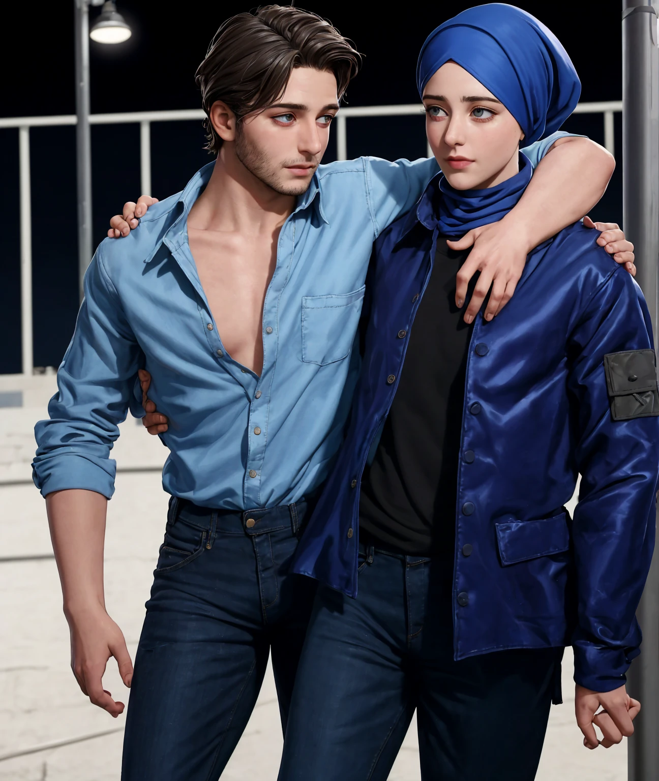 he is injured and she carries him, a woman is carrying an injured man on the street, a young German man in a blue cotton shirt and jeans and a Syrian woman in a shiny plastic quilted coat and blue satin headscarf stand arm in arm in front of a refugee shelter, A German man in a cotton shirt and jeans is injured and is supported by a Syrian woman, A Syrian woman wearing a shiny plastic down coat supports an injured short-haired man, who can't walk alone, A Syrian woman wearing a headscarf holds an injured short-haired man in her arms, compassion, accident, injury, first aid, theater, ultra-realistic, photo