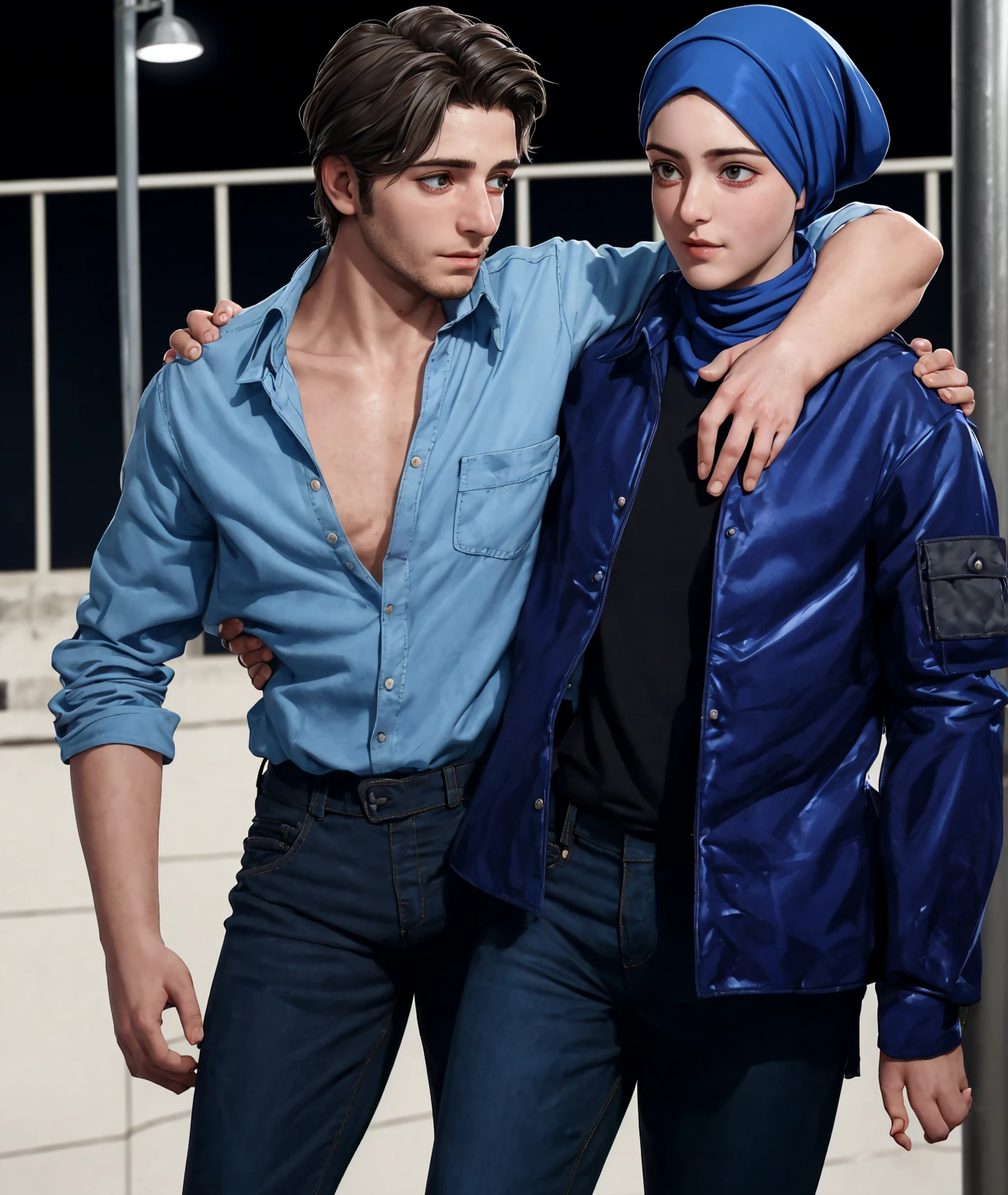 he is injured and she carries him, a woman is carrying an injured man on the street, a young German man in a blue cotton shirt and jeans and a Syrian woman in a shiny plastic quilted coat and blue satin headscarf stand arm in arm in front of a refugee shelter, A German man in a cotton shirt and jeans is injured and is supported by a Syrian woman, A Syrian woman wearing a shiny plastic down coat supports an injured short-haired man, who can't walk alone, A Syrian woman wearing a headscarf holds an injured short-haired man in her arms, compassion, accident, injury, first aid, theater, ultra-realistic, photo