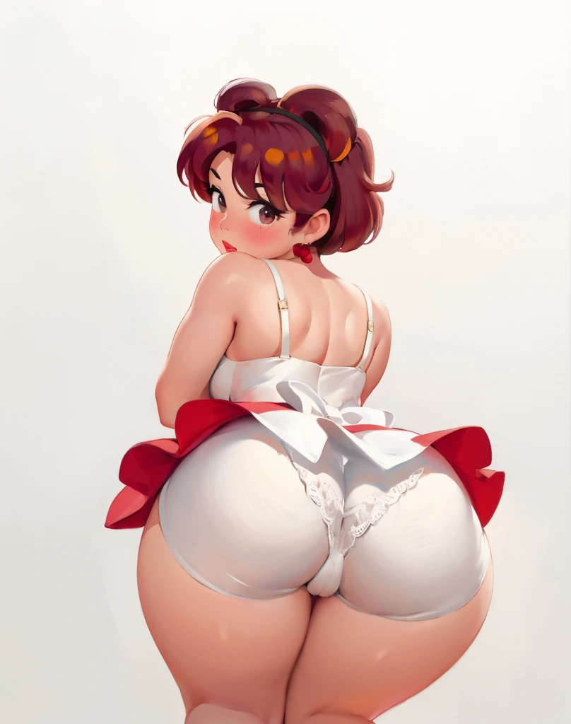 1girl, looking back, booty, blush, amazing, lovely girl, from behind, best quality, great artwork, sensual image, bouncing ass, ((white background:1.3, shy, akane_tendo-ranma, solo)), (bend over:1.3, lingerie, looking back over the shoulder), eyes detail, face detail, short hair, without_panties, pussy, hands on hips, pinup