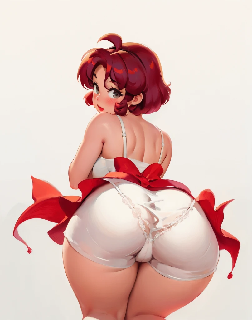 1girl, looking back, booty, blush, amazing, lovely girl, from behind, best quality, great artwork, sensual image, bouncing ass, ((white background:1.3, shy, akane_tendo-ranma, solo)), (bend over:1.3, lingerie, looking back over the shoulder), eyes detail, face detail, short hair, without_panties, pussy, hands on hips, pinup