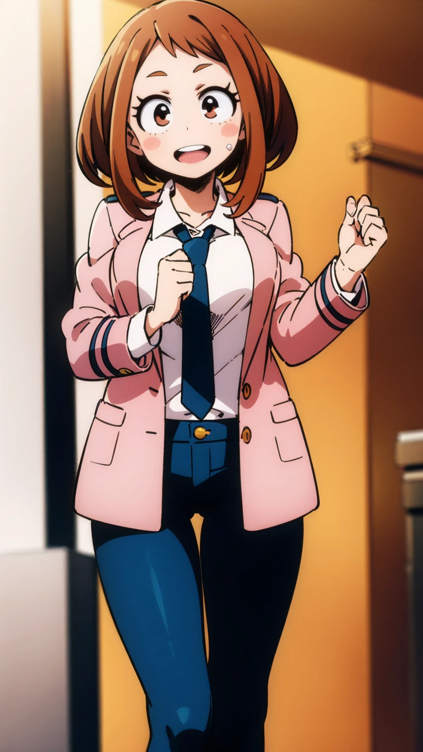 ochaco_uraraka, 1girl, solo, necktie, blush_stickers, pink pencil lingerie, open_mouth, looking_at_viewer, smile, :d, long_sleeves, teeth, without shirt, neckline, blush, cowboy_shot, standing, indoors, office, full_body, high_heels
