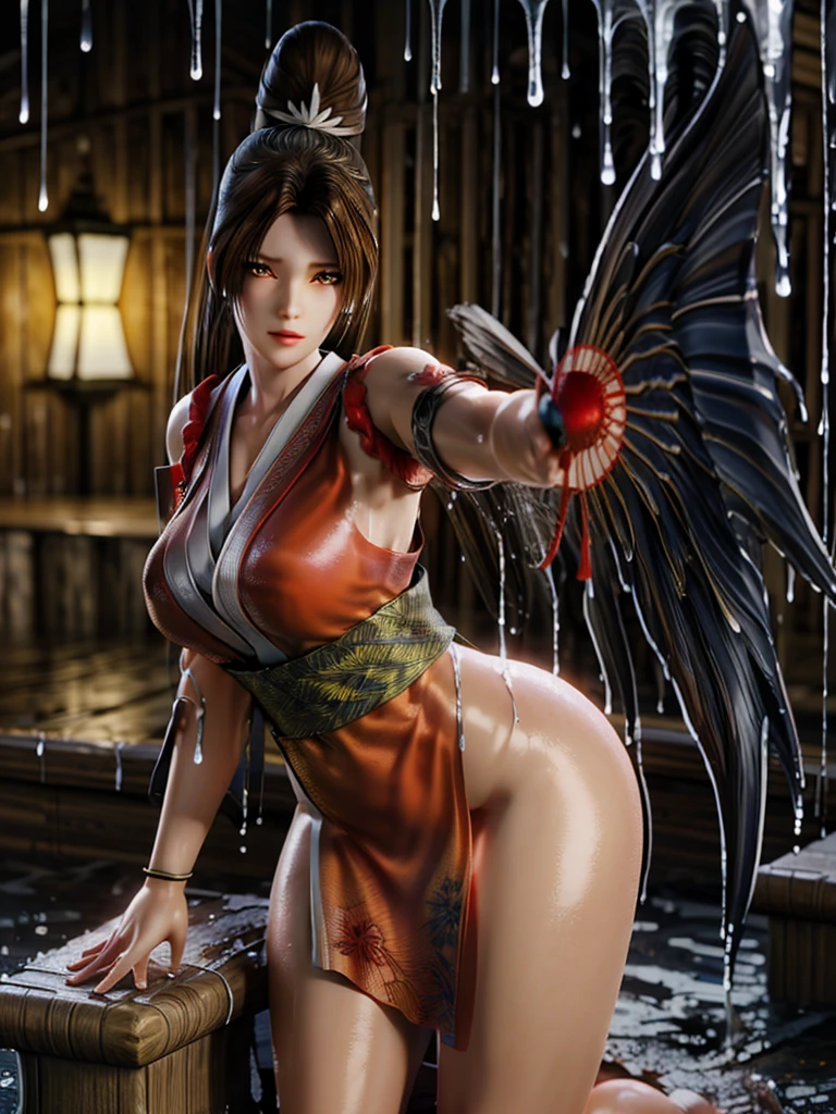 (exquisitely detailed CG unity 8k wallpaper, masterpiece-quality with stunning realism), (best illumination, best shadow), (best quality), (elegant style:1.2), Arti modern anime. angled view, heroic pose, midshot, (cel-shading style:1.3), centered image, ultra detailed closeup portrait of (Mai Shiranui:1) from (King of Fighters), best quality, expressive eyes, perfect face, highres, (ultra details), 1 girl, solo, brown hair, hair ornament, eyeshadow, gold, white and red qipao, highly ornamented, in the city of Japan, portrait, looking at the viewer, piercing eyes, full body, (light from the angle:1) (wind blowing:1.2).(depth of field effects:1.3) (motion action:1.2) (closeup:1.2) (angled closeup photography:1), (motion blur effects:1), wide angles, spreading feet, Thin to transparent,see-through,(((Soggy-kimono:1.2))),Lace fabric, (((water-immersed body: 0.9))),jewelry, relaxing pose, (dress on fire:.7), ((Leaning forward:1))