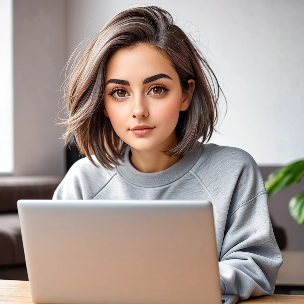 pretty young woman with a big gray beard, brown bob hair, hazel eyes, large rounded nose, behind her laptop, dressed in sweatshirt