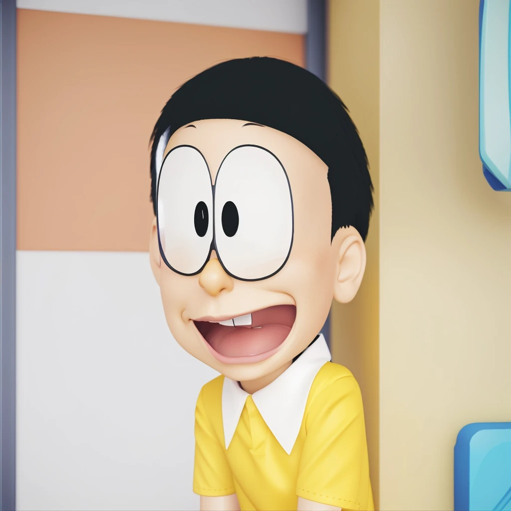 a close up of a  character with a yellow shirt, realistic 3d