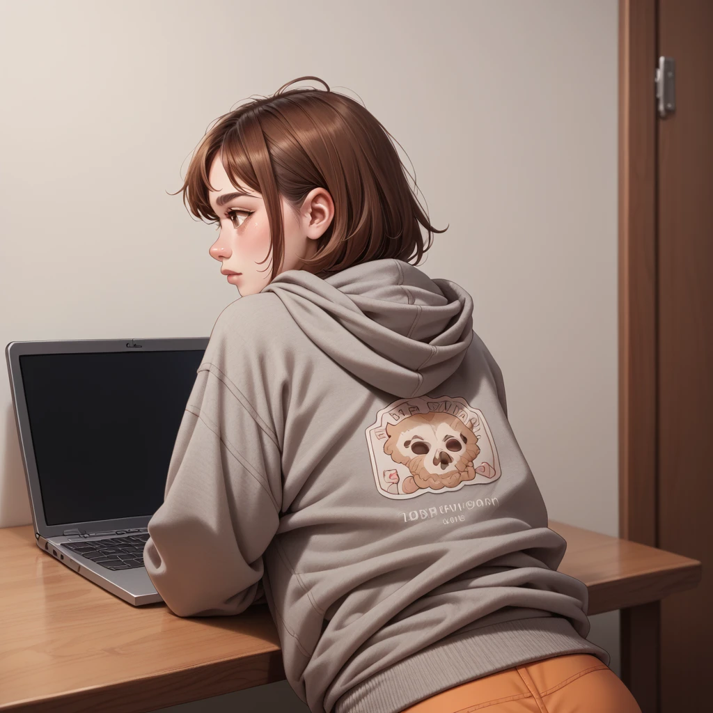 pretty young woman with a big gray beard, brown bob hair, hazel eyes, large rounded nose, behind her laptop, dressed in sweatshirt