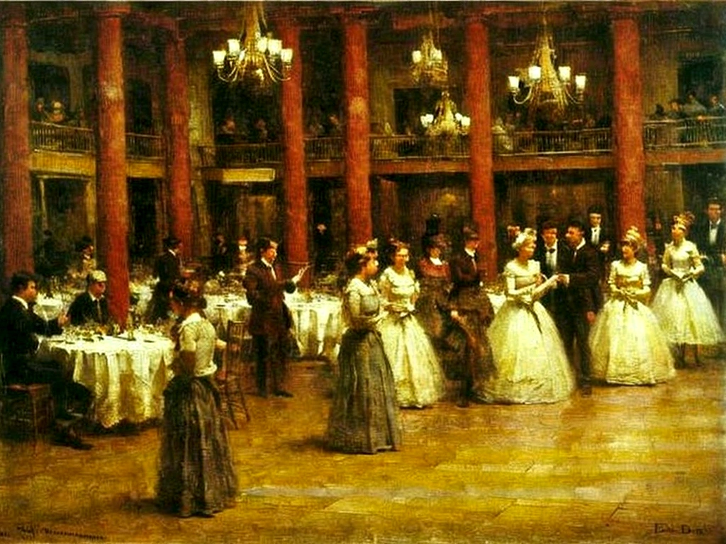 empty dance hall, with bars, wooden floor, chandeliers, by edgar degas painting