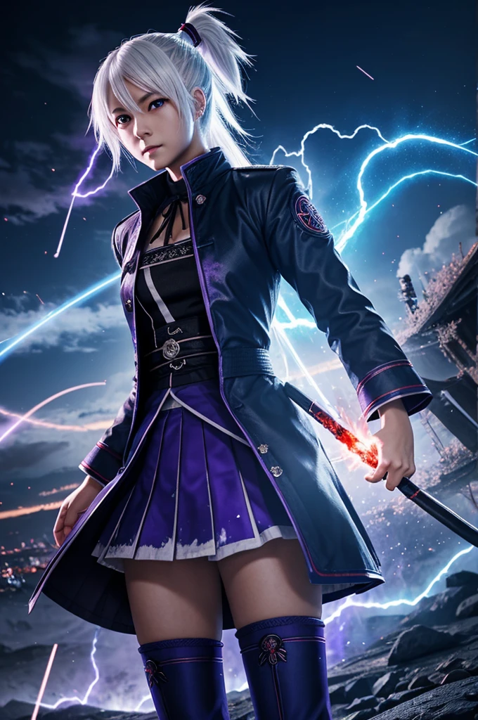 1boy, japanese clothes, ponytail ,white hair, purple eyes, magic circle, blue fire, blue flames, wallpaper, landscape, blood, blood splatter, depth of field, night, light particles, light rays, sidelighting, thighs, fate \(series\), genshin impact, ****, open jacket, skirt, thighhighs, cloud